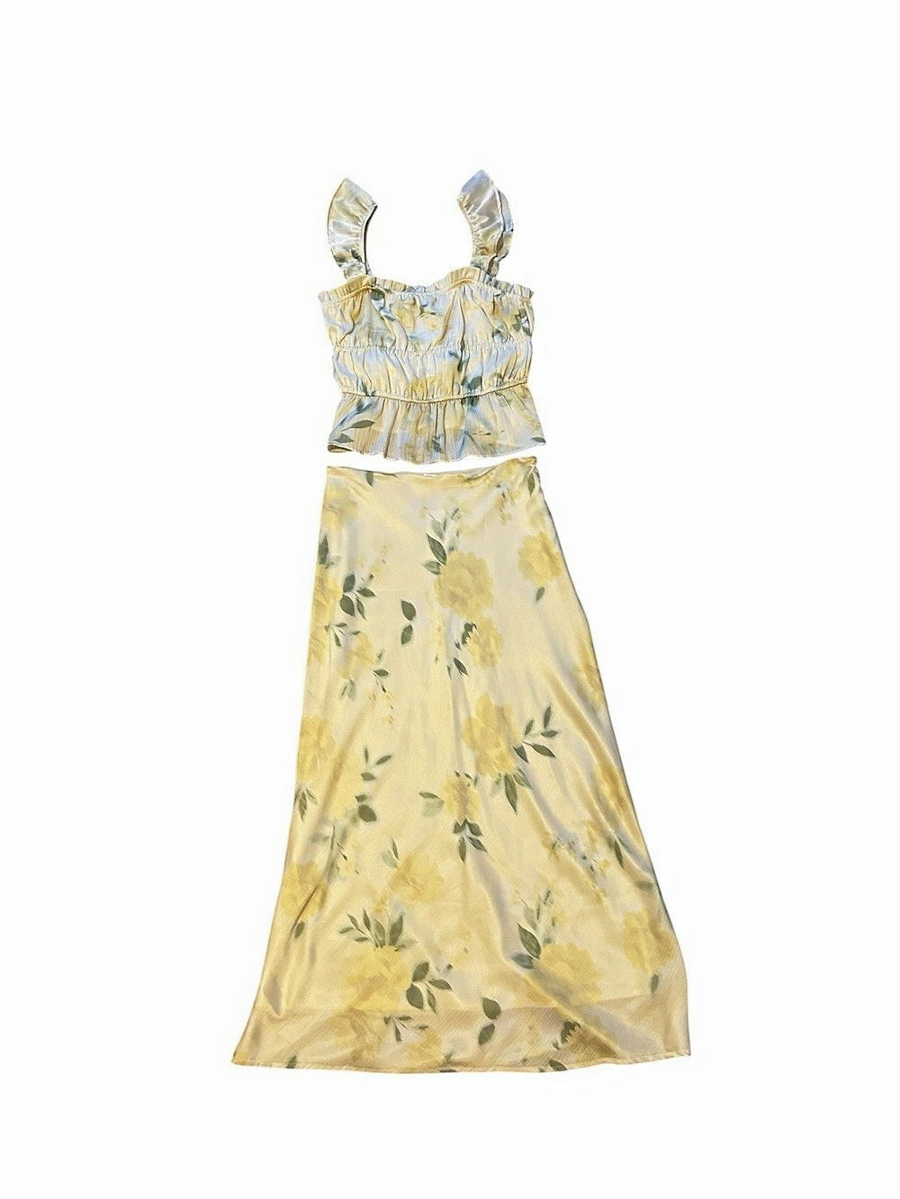 GB Yellow Floral Print Coordinating Satin Tank & Midi Skirt Set